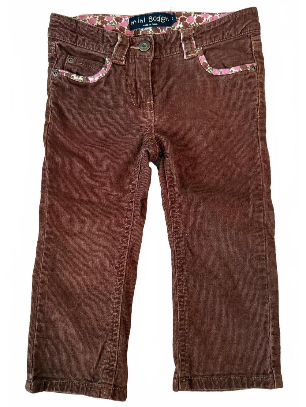 Mini Boden Girls 2Y Brown Corduroy Pants Floral Trim Stretch Cotton 2011